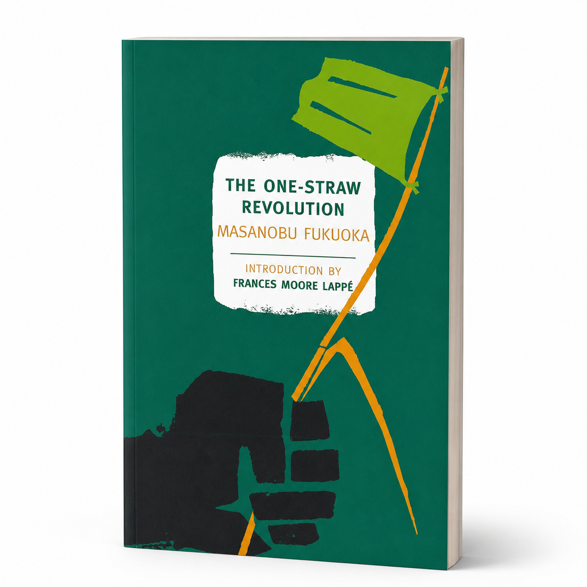 The One-Straw Revolution shown as a clean three-quarter compact paperback product view on white, accurately proportioned for 200 pages