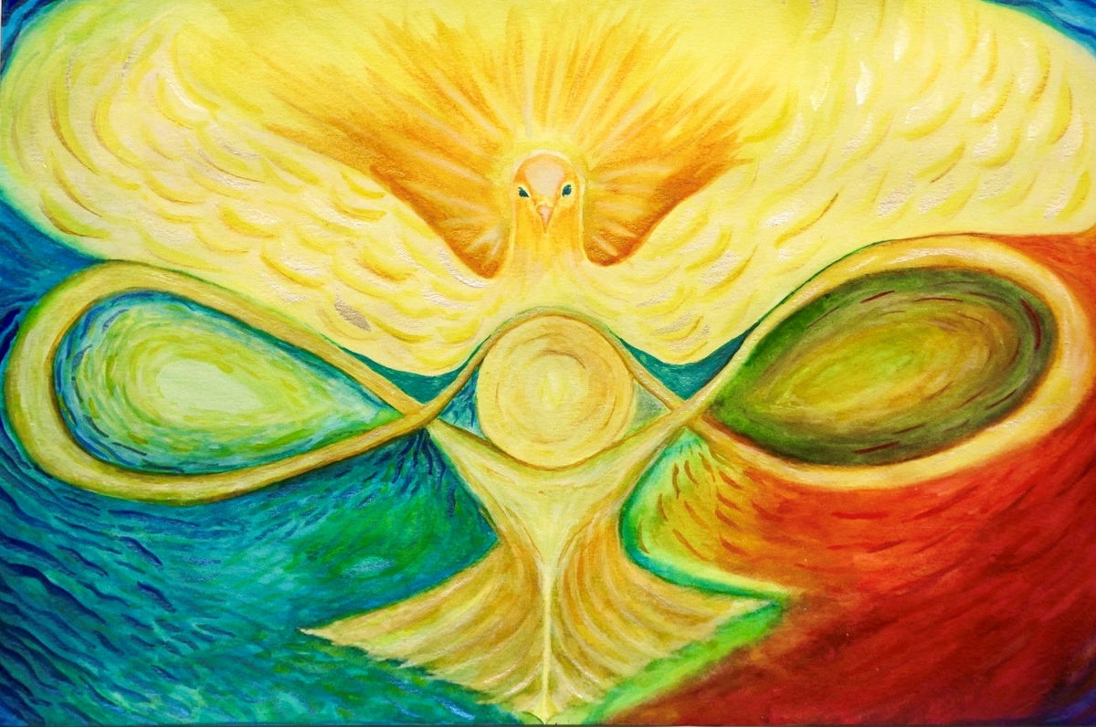 Event illustration for Threefolding as a Path for Peace: a golden bird above flowing blue, green, and red forms.