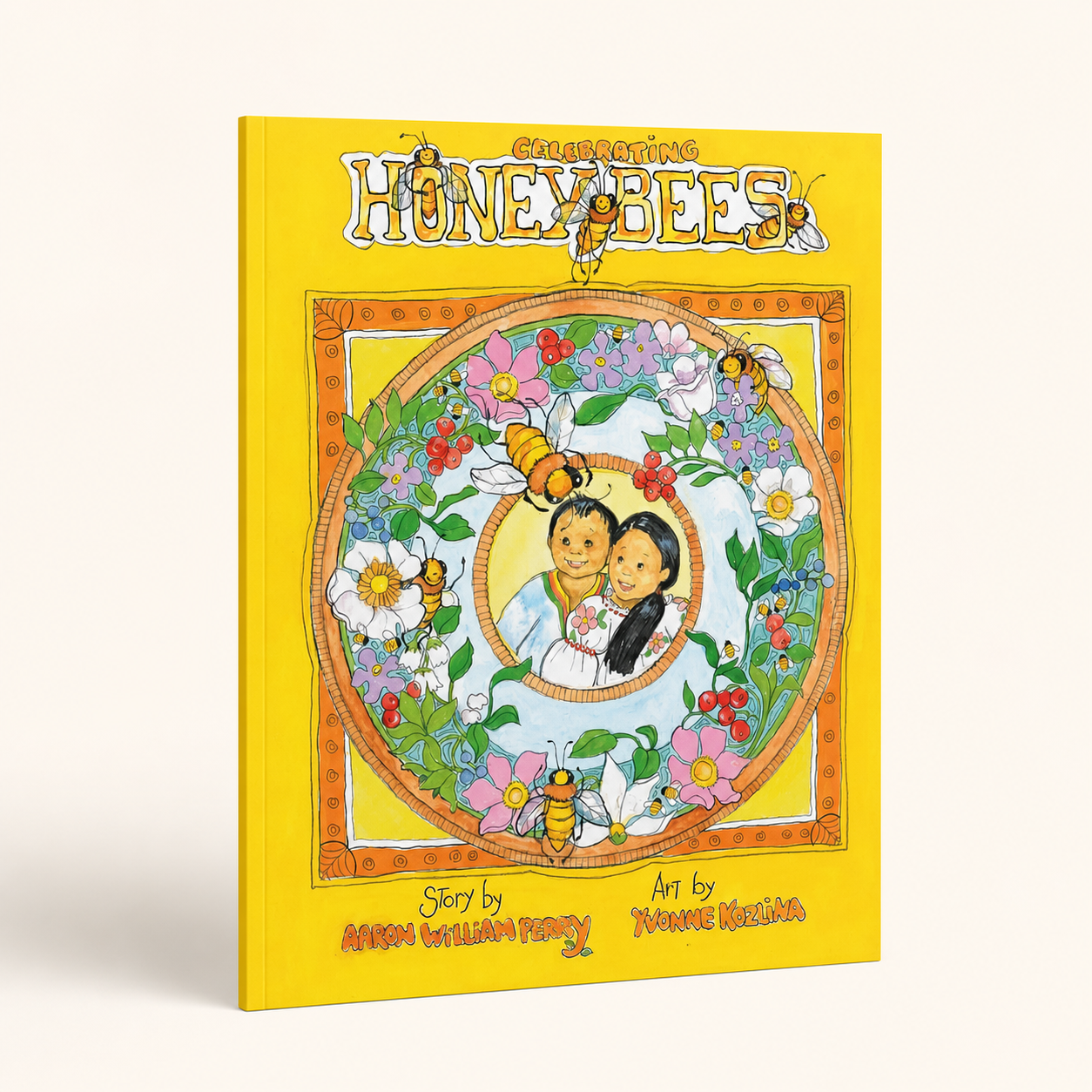 Celebrating Honey Bees 44-page large-format thin paperback, three-quarter front view