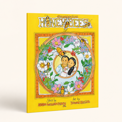Celebrating Honey Bees 44-page large-format thin paperback, three-quarter front view