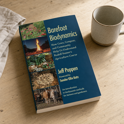 Barefoot Biodynamics paperback on a naturally lit reading table