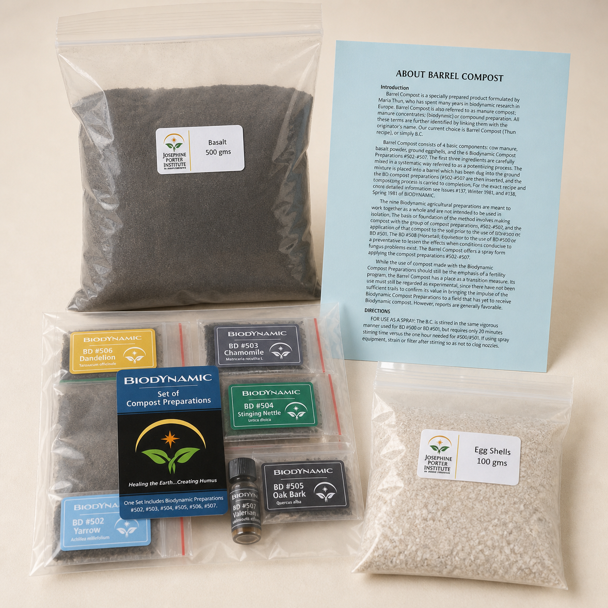 Biodynamic Barrel Compound Kit contents on a clean studio background