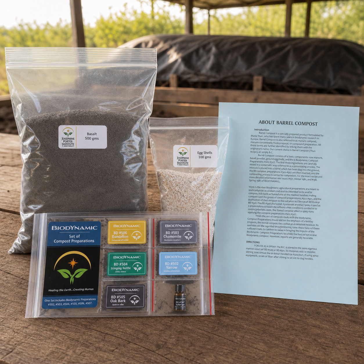Biodynamic Barrel Compound Kit contents beside a covered compost area