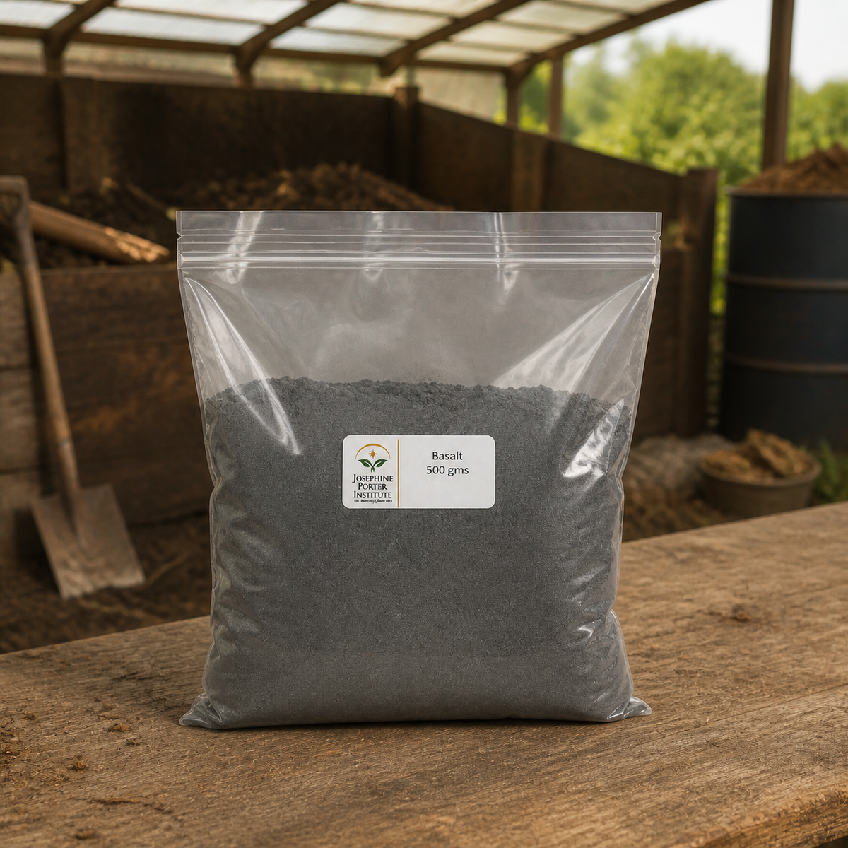 Basalt 500 g packet in a compost work area