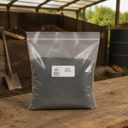 Basalt 500 g packet in a compost work area