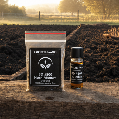 BD 500 Horn Manure and BD 507 Valerian beside prepared farm soil