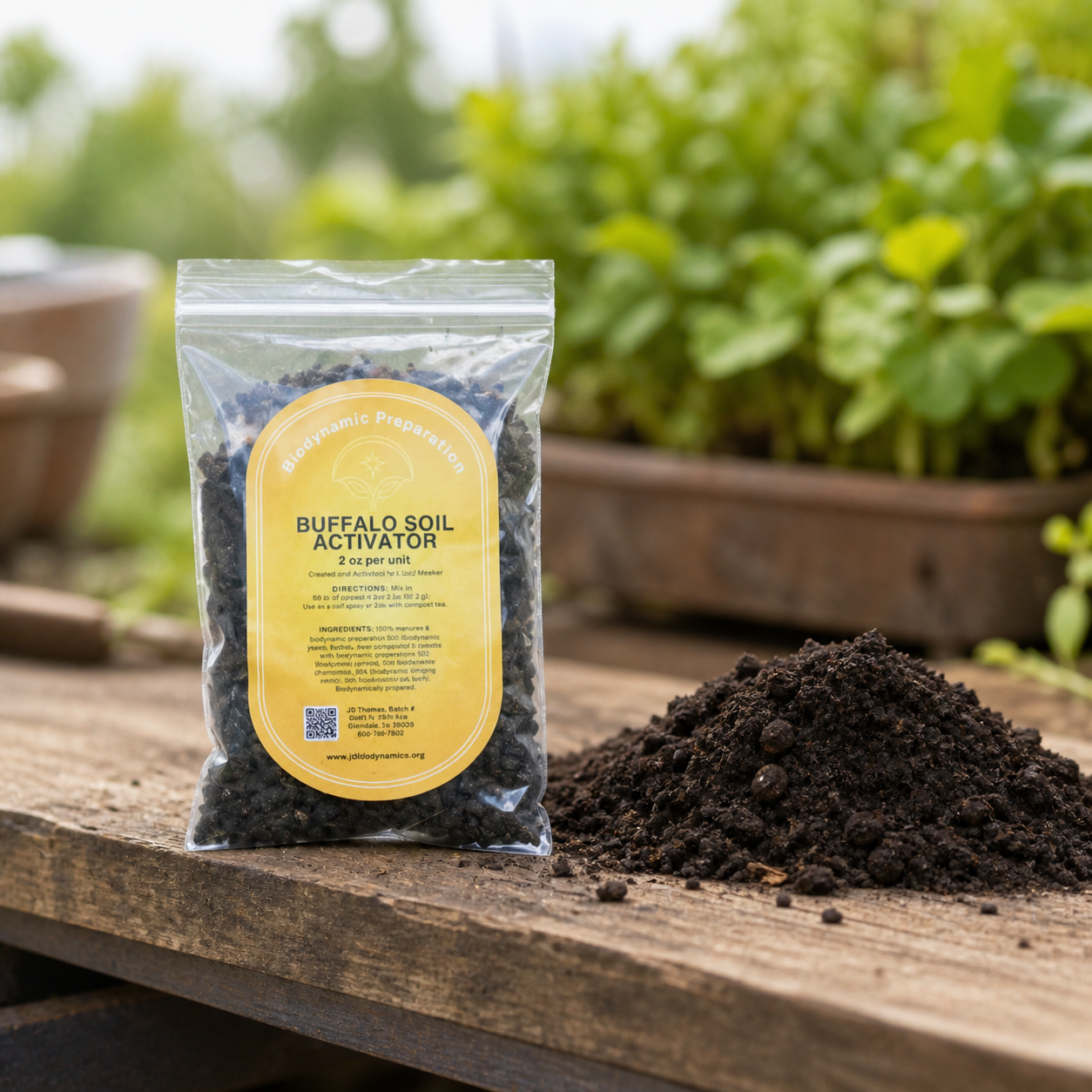 Biodynamic Buffalo Soil Activator package beside finished compost in a garden setting