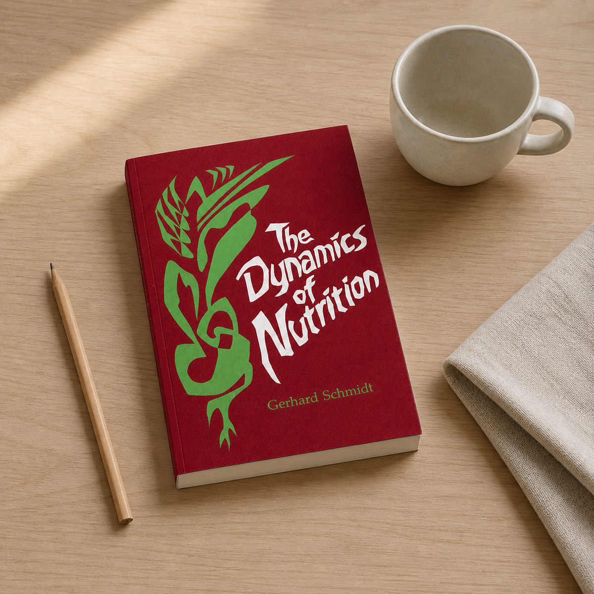 The Dynamics of Nutrition paperback on a neutral reading table