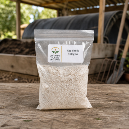 Eggshells 100 g packet in a covered compost work area