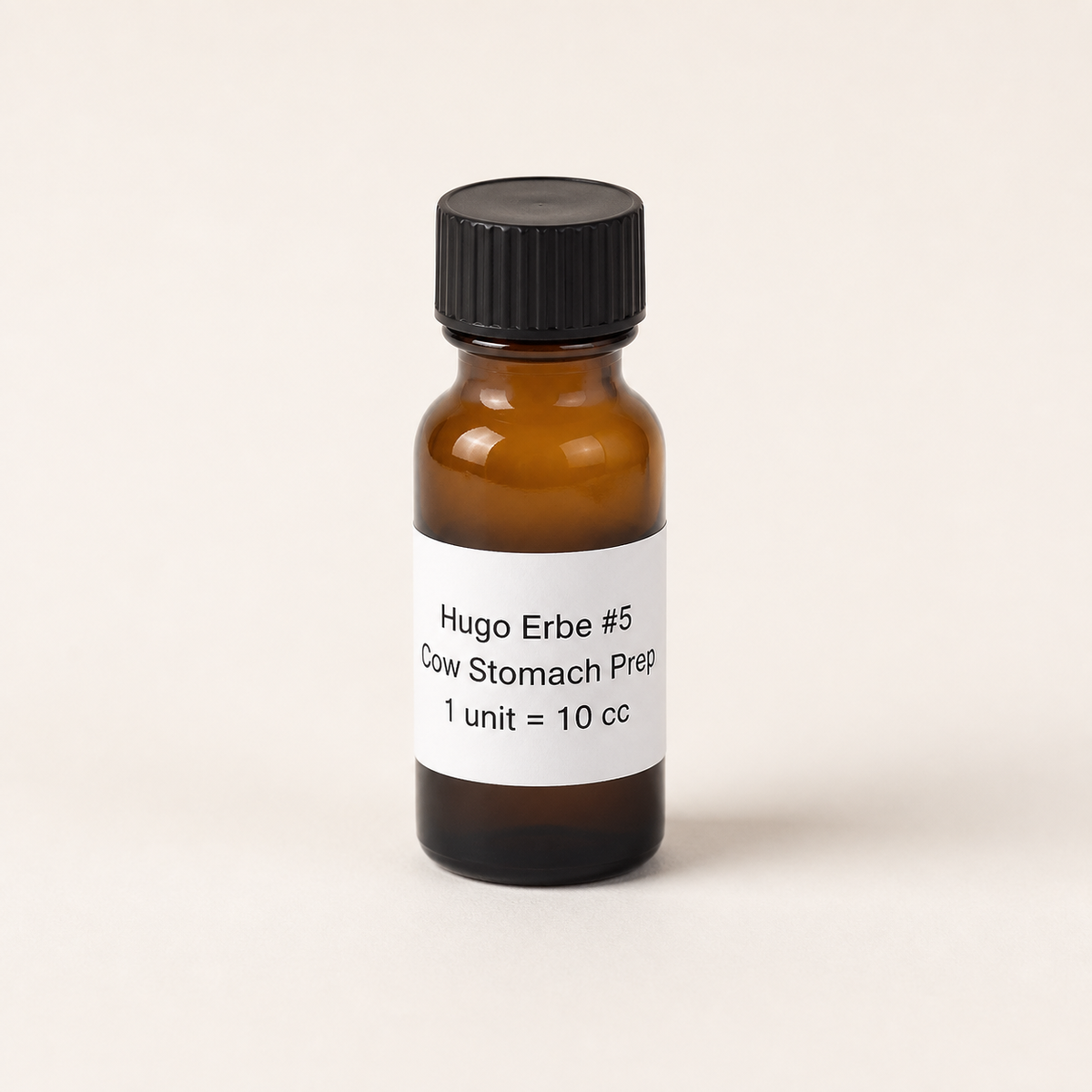 Hugo Erbe number 5 Cow Stomach Preparation vial on a clean background