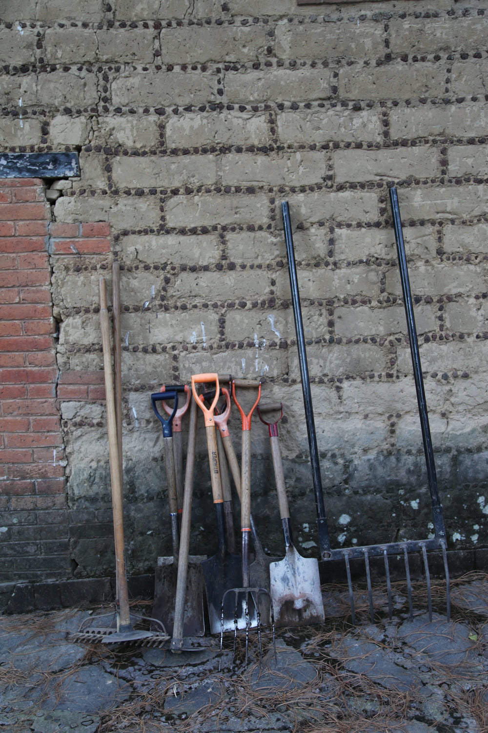 Garden forks and shovels resting against a textured brick wall