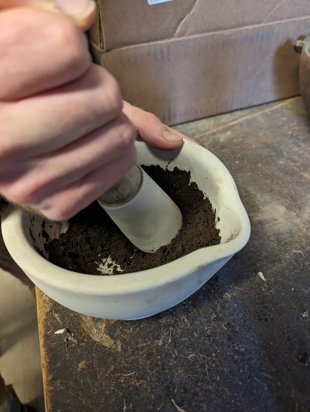 Hands grinding dark biodynamic preparation in a ceramic mortar