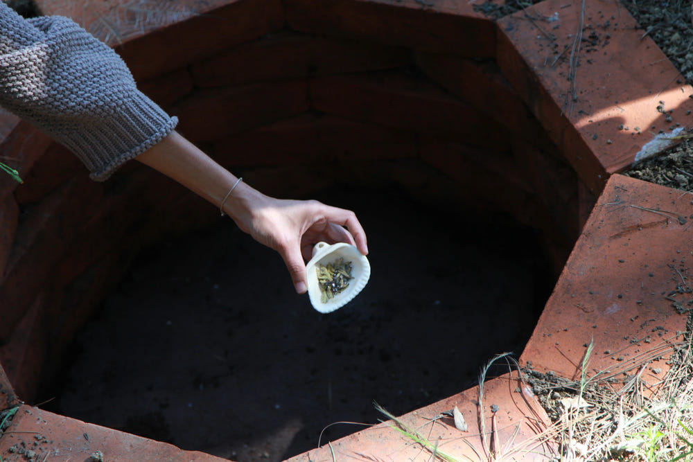 A hand applying biodynamic preparation inside a brick-lined compost pit