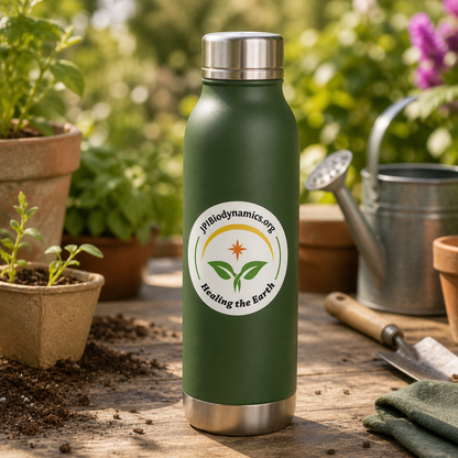 JPI Biodynamics logo sticker applied to a reusable garden water bottle