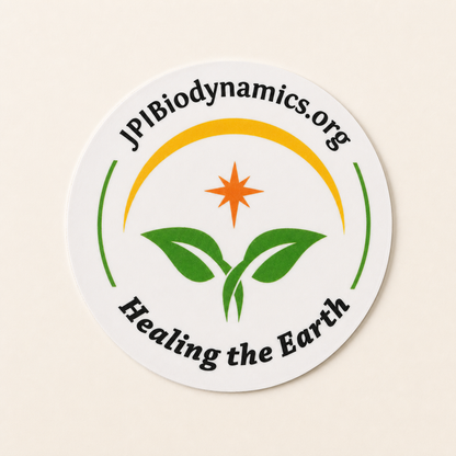 Single round JPI Biodynamics Healing the Earth logo sticker on a clean background