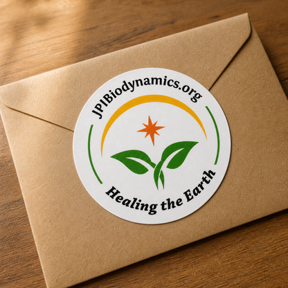 Single JPI Biodynamics logo sticker on its backing over a kraft envelope