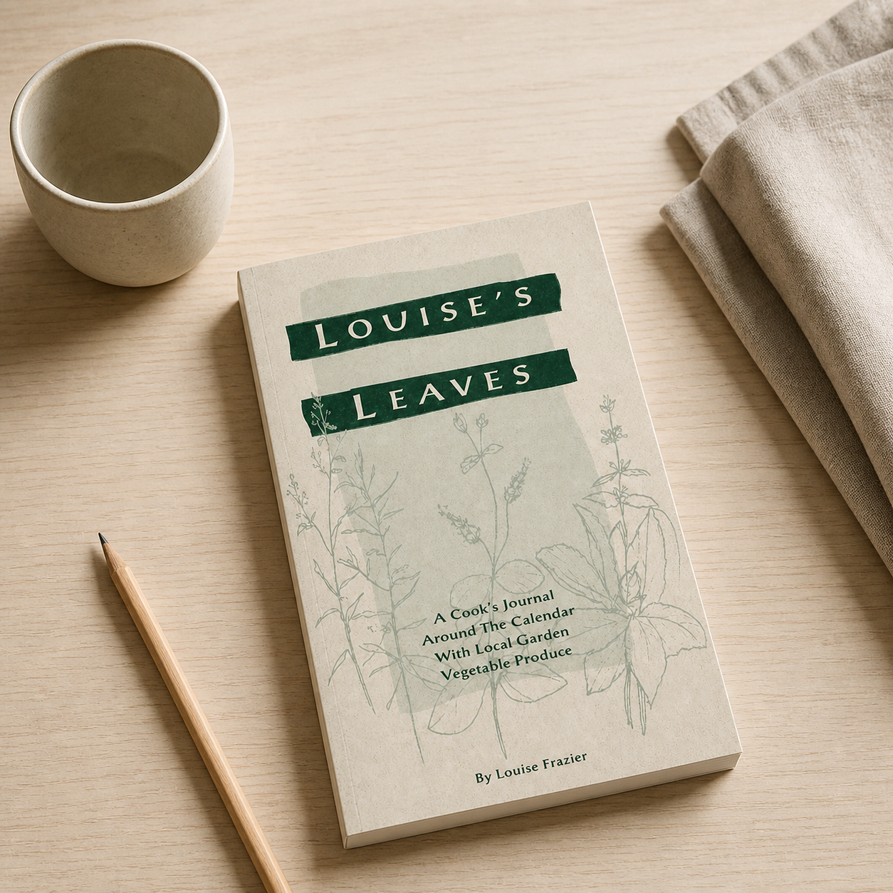 Louise's Leaves paperback on a neutral reading table with nonliving study objects