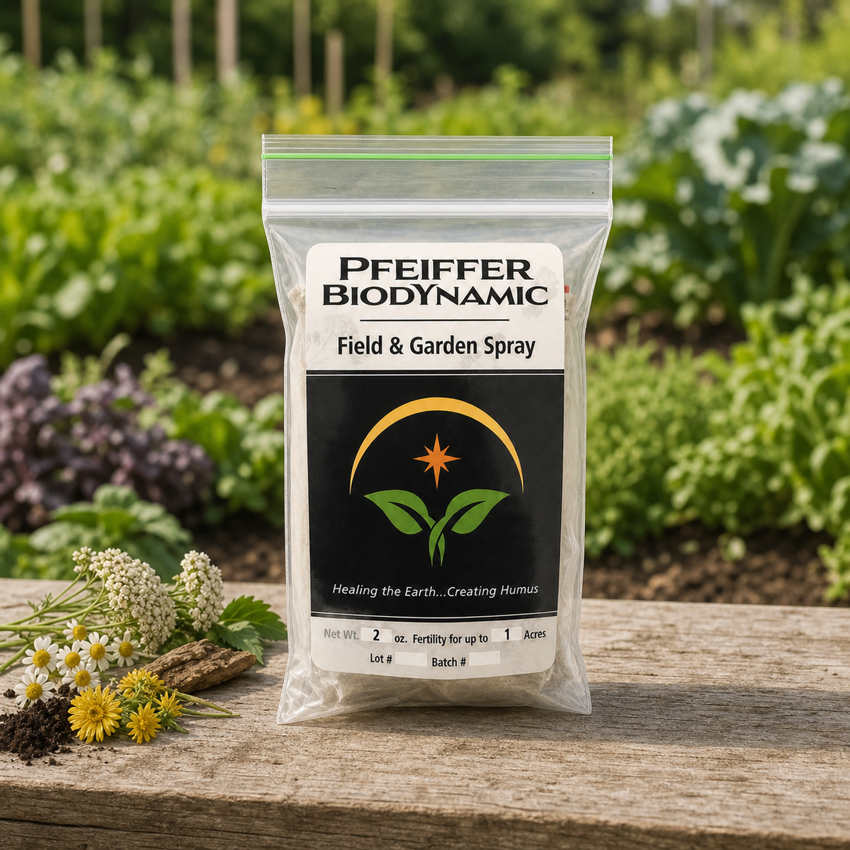 Pfeiffer Biodynamic Field and Garden Spray package in a garden setting