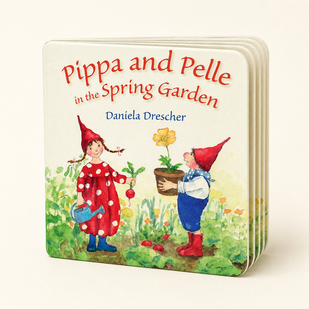 Pippa and Pelle in the Spring Garden 12-page board book, three-quarter front view