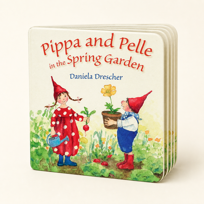 Pippa and Pelle in the Spring Garden 12-page board book, three-quarter front view
