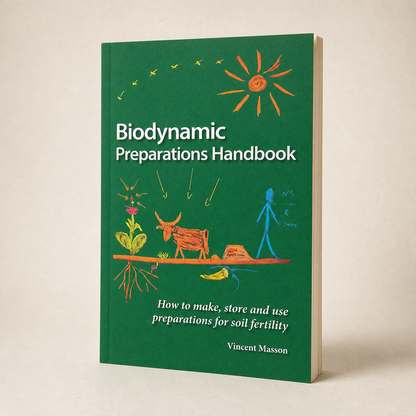 Biodynamic Preparations Handbook paperback on a softly lit off-white background