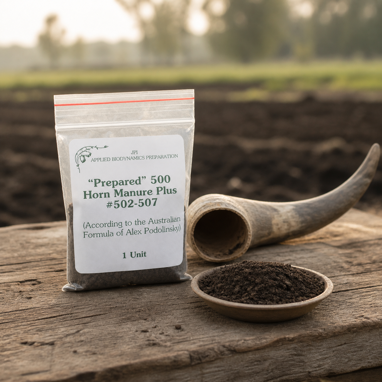 Prepared 500 Horn Manure Plus package with cow horn and preparation material