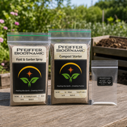 Biodynamic Quick Kit contents on a garden potting bench