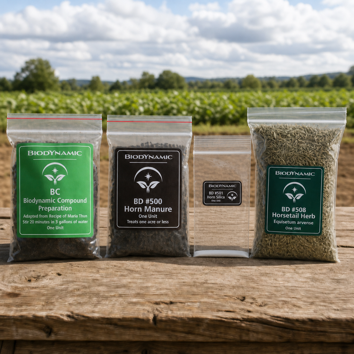 Biodynamic Sequential Spray Kit contents in a field setting