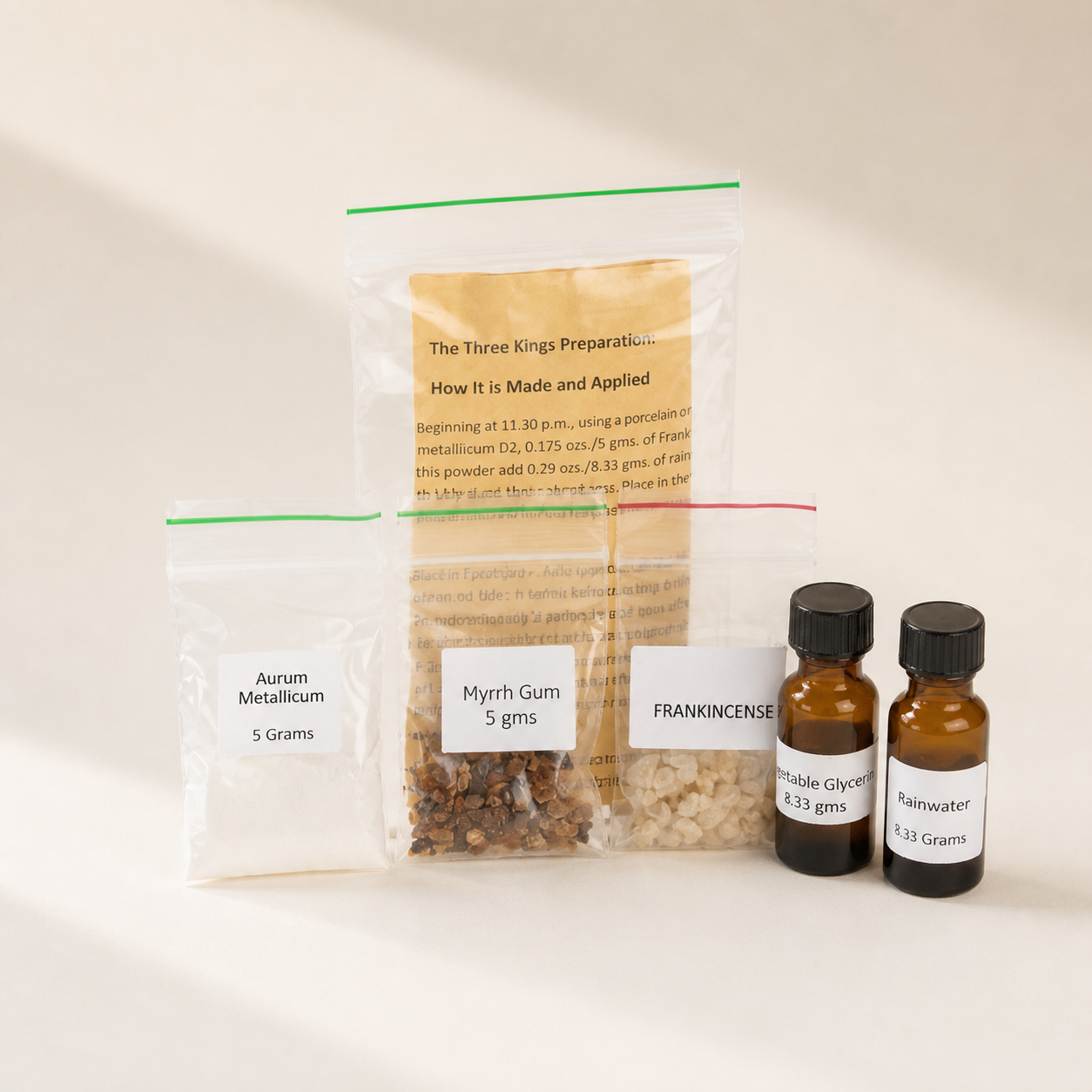 Biodynamic Three Kings Preparation components arranged on a clean studio background
