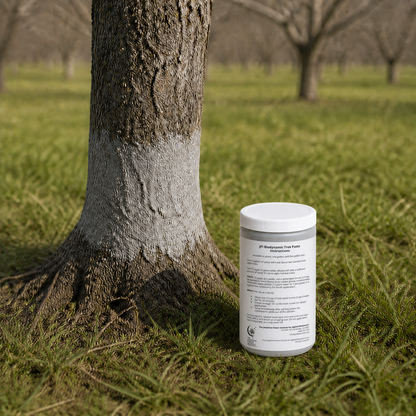 JPI Biodynamic Tree Paste container with instruction label beside a protected orchard tree
