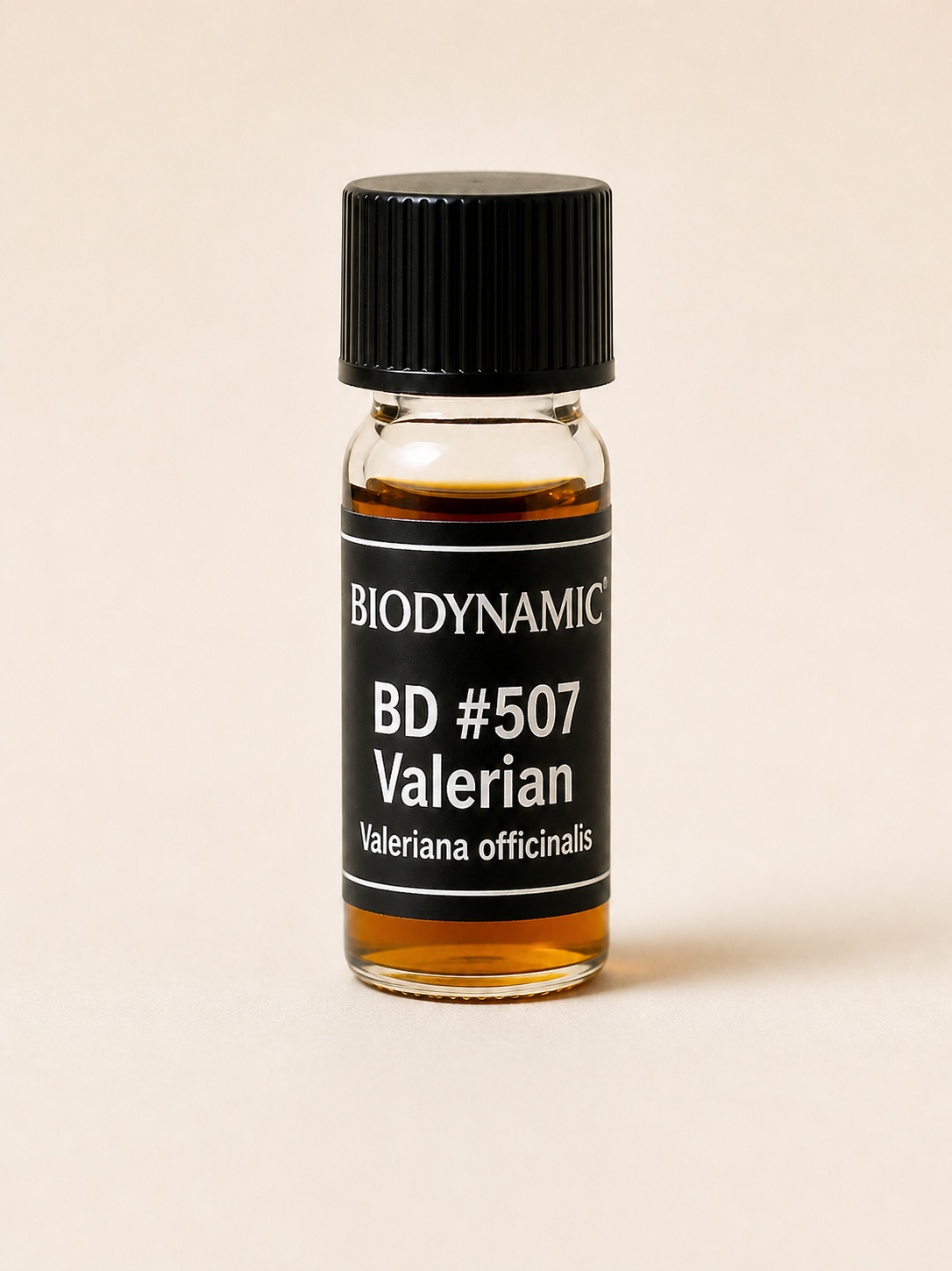 Biodynamic BD 507 Valerian Preparation vial on a clean studio background