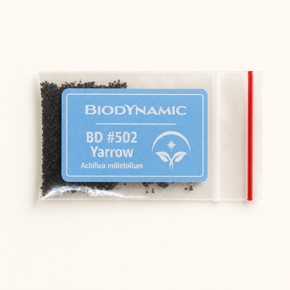 Biodynamic BD 502 Yarrow Preparation package on a clean studio background